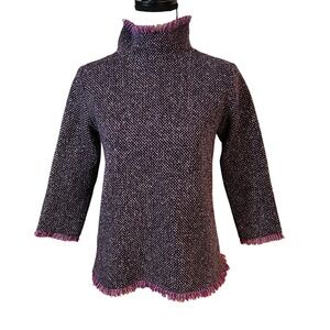 Ann Mashburn Ana Wool Tweed Fringe Mock-Turtleneck Tunic Top Sz-XS